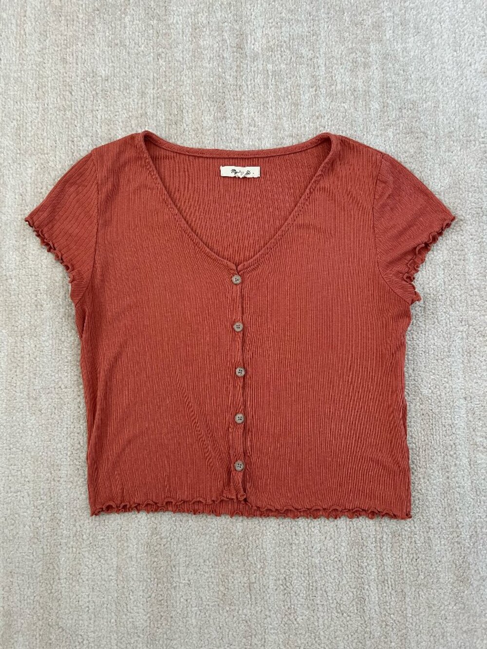 Madewell Ribbed Button Front V-Neck Short Sleeve Knit Tee Crop Top M